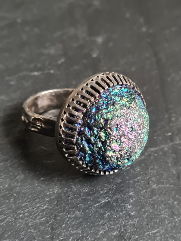 Titanium Druzy Quarz Ring Unika Silber Oxidiert